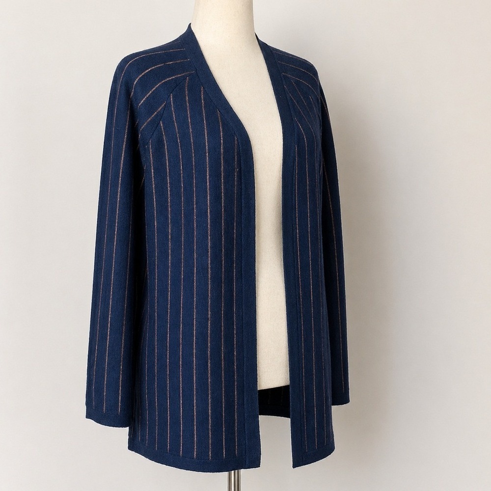 FRNCH Paris Navy Gold Shimmer Stripe Open Front Cardi Sweater SZ Medium Preppy - Picture 10 of 10